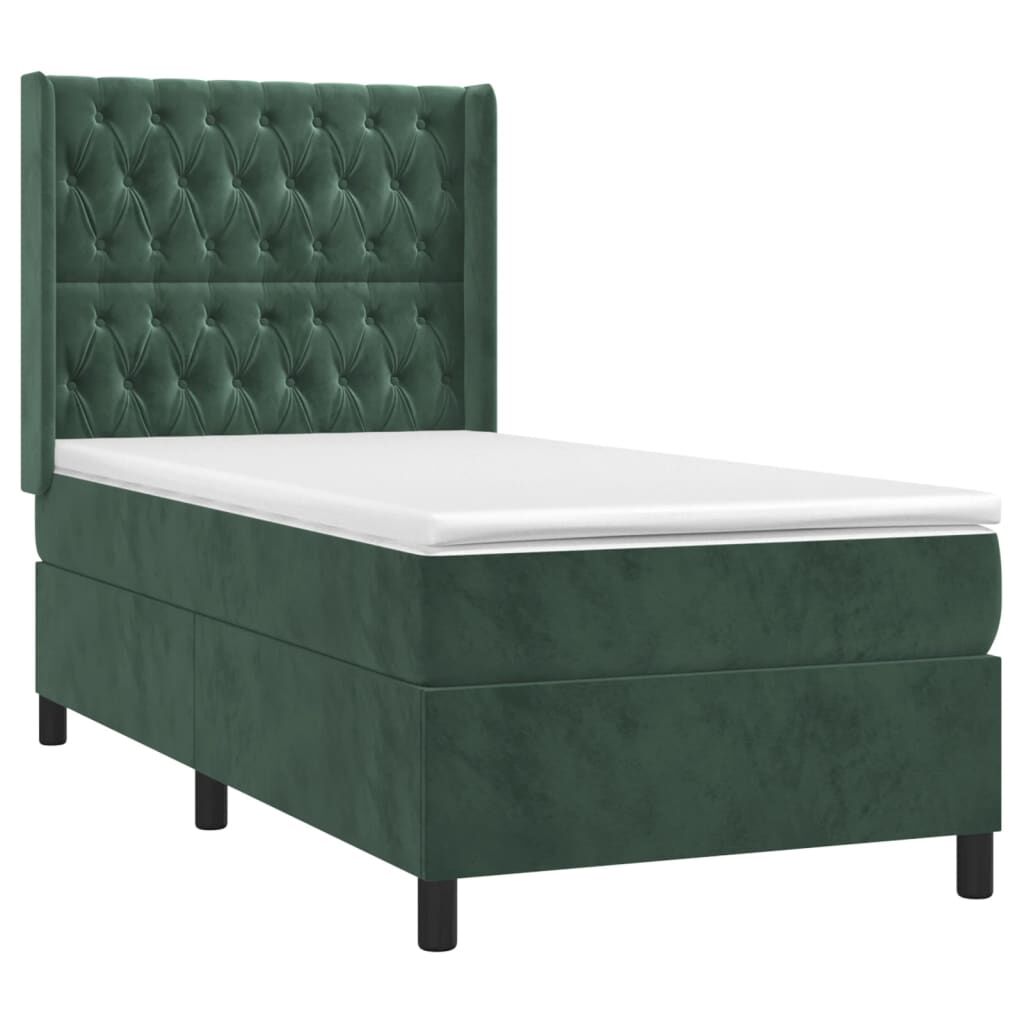 vidaXL Κρεβάτι Boxspring με Στρώμα Σκούρο Πράσινο 90x190 εκ. Βελούδινο