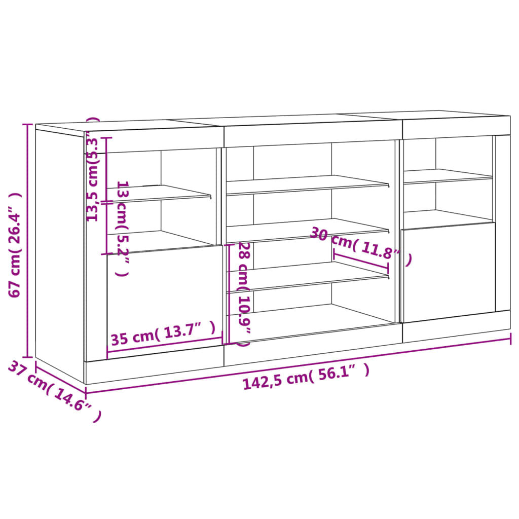 vidaXL Μπουφές με LED Μαύρος 142,5x37x67 εκ.