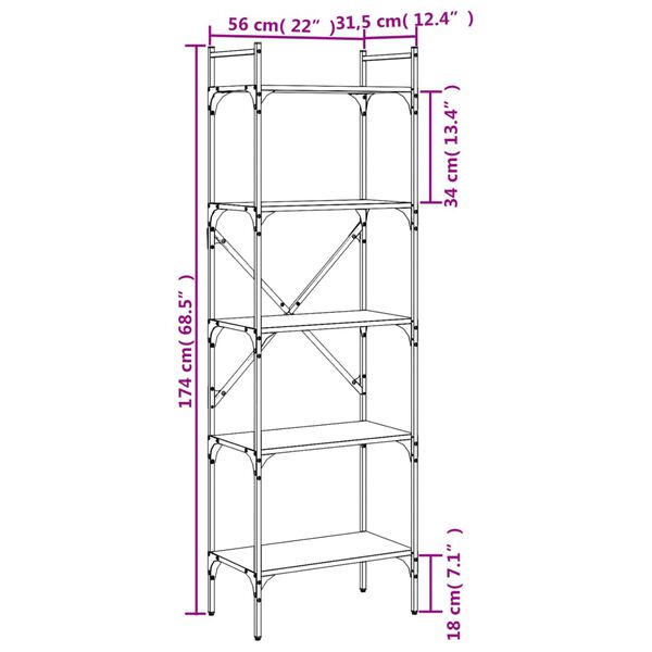 vidaXL Βιβλιοθήκη 5 Επιπέδων Μαύρη 56x31,5x174 εκ. από Επεξ. Ξύλο