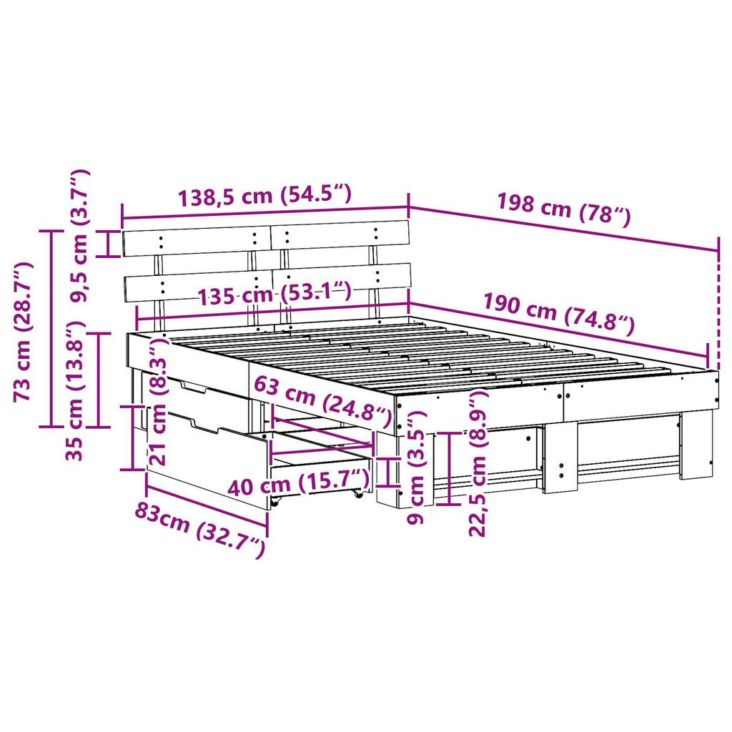 vidaXL Κρεβάτι με Συρτάρια - Καφέ 135 x 190 εκ. Πέτρα Πεύκο