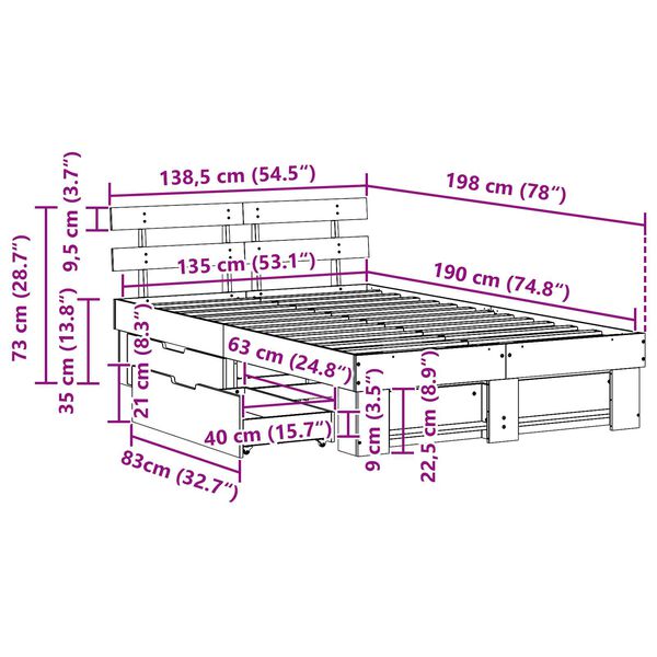 vidaXL Κρεβάτι με Συρτάρια - Καφέ 135 x 190 εκ. Πέτρα Πεύκο
