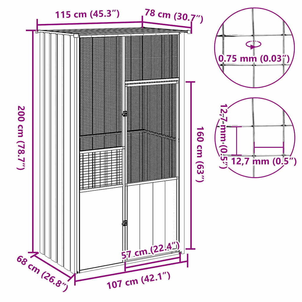 vidaXL Κλουβί Πουλιών Ανθρακί 115x78x200 εκ. από Γαλβανισμένο Χάλυβα