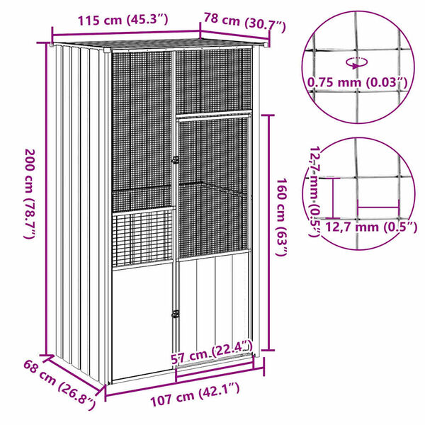 vidaXL Κλουβί Πουλιών Ανθρακί 115x78x200 εκ. από Γαλβανισμένο Χάλυβα