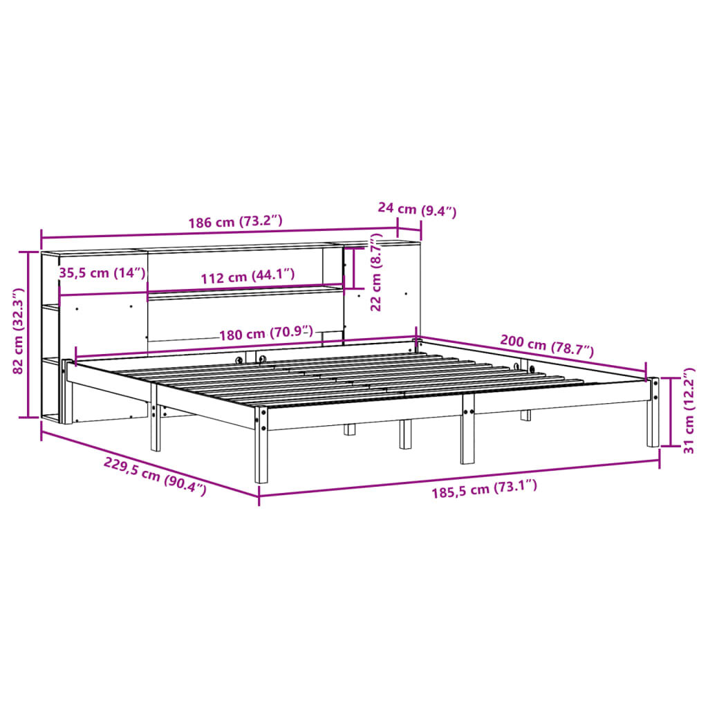 vidaXL Κρεβάτι Βιβλιοθήκη Χωρίς Στρώμα 180x200 εκ Μασίφ Ξύλο Πεύκου