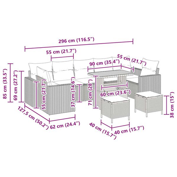 vidaXL Σετ Καναπέ Κήπου Ρυθμιζόμενο ύψος 10 pcs Μπεζ συνθετικό ρατάν