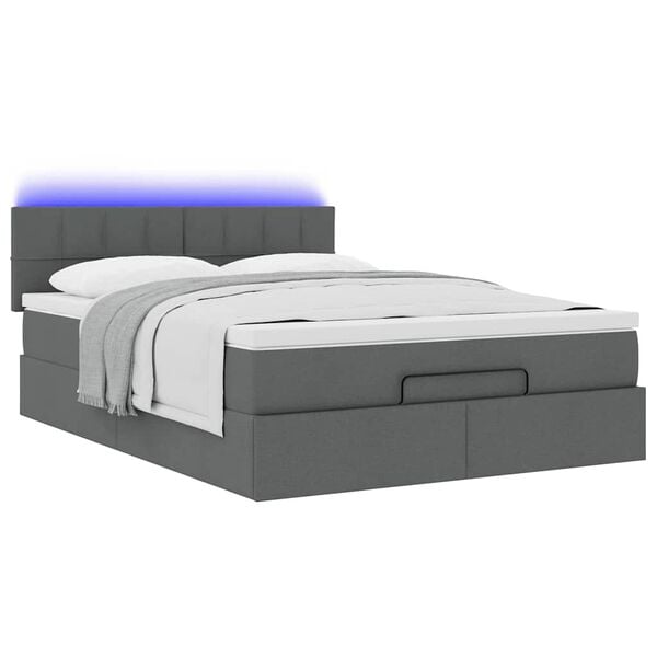 vidaXL Οθωμανικό κρεβάτι με στρώμα & LEDs Σκούρο γκρι 140x190cm Ύφασμα