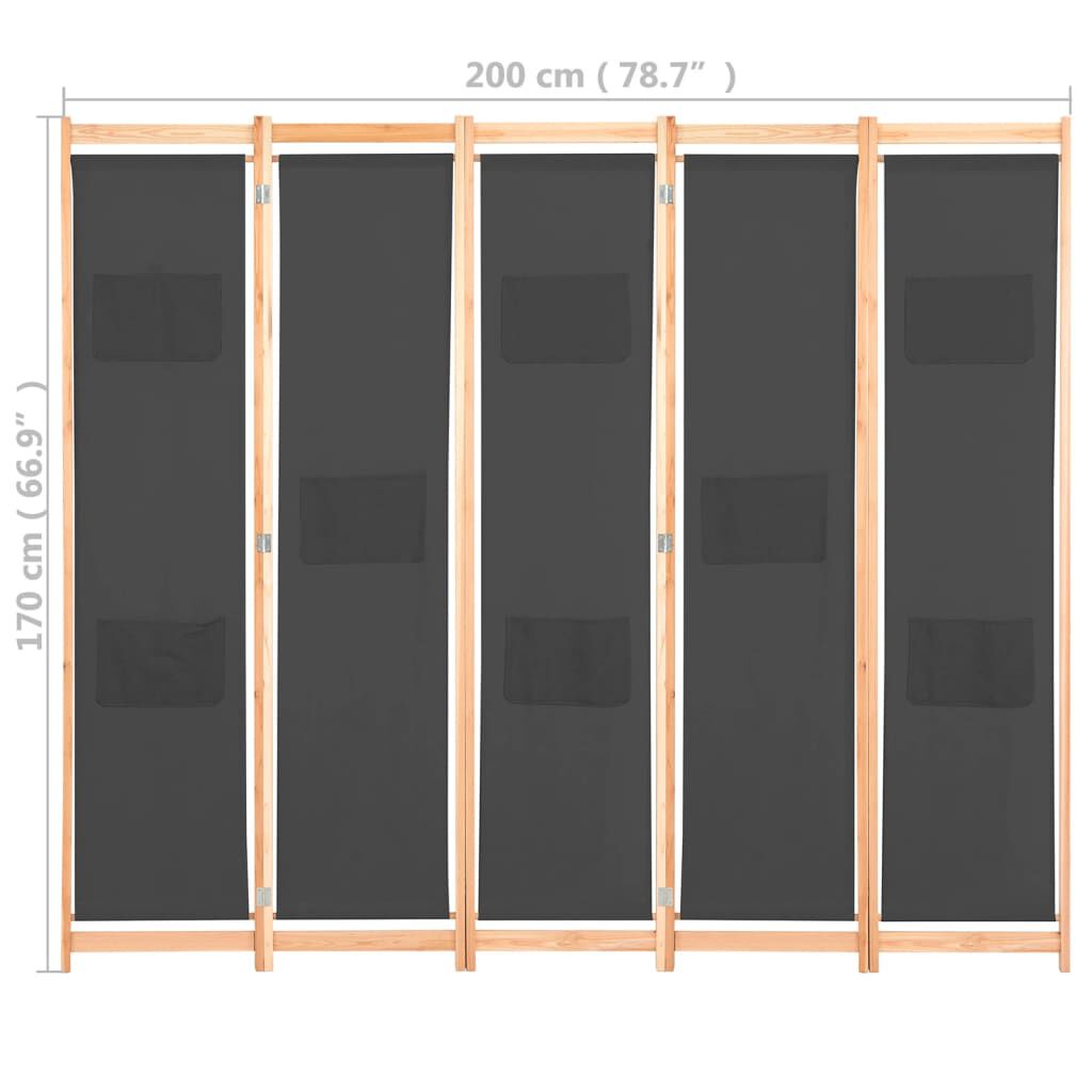 vidaXL Διαχωριστικό Δωματίου με 5 Πάνελ Γκρι 200x170x4 εκ. Υφασμάτινο
