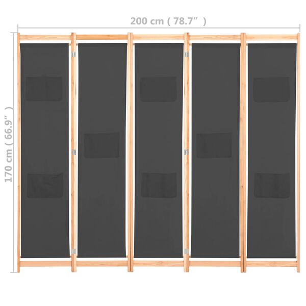 vidaXL Διαχωριστικό Δωματίου με 5 Πάνελ Γκρι 200x170x4 εκ. Υφασμάτινο