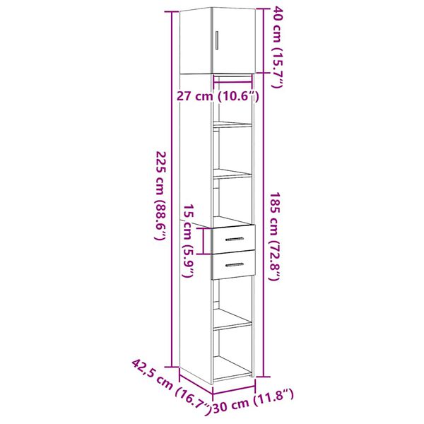 vidaXL Ντουλάπι Αποθήκευσης Στενό Δρυς 30x42,5x225 εκ. Επεξεργ. Ξύλο