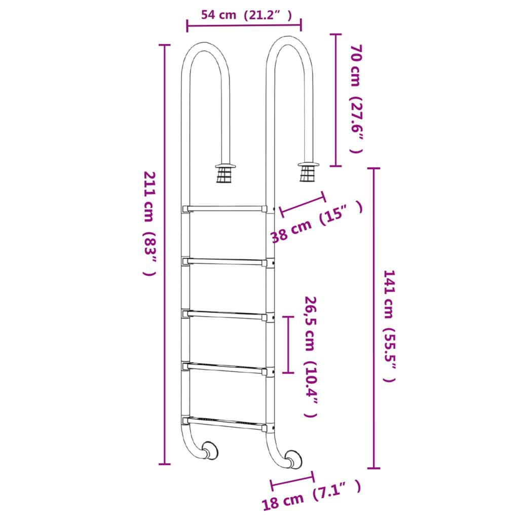 vidaXL Σκάλα Πισίνας 54 x 38 x 211 εκ. από Ανοξείδωτο Ατσάλι 304