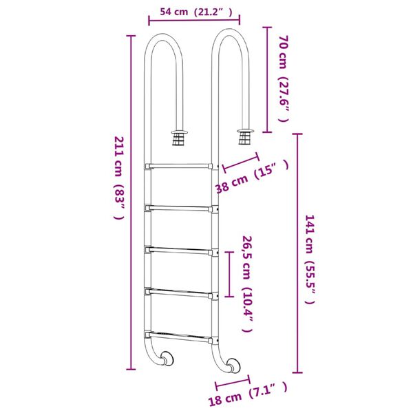 vidaXL Σκάλα Πισίνας 54 x 38 x 211 εκ. από Ανοξείδωτο Ατσάλι 304