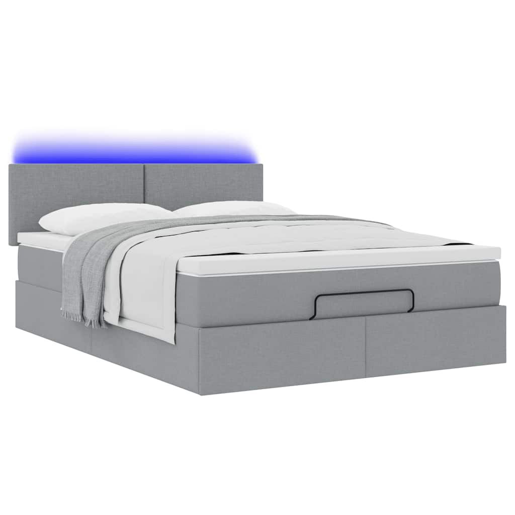 vidaXL Οθωμανικό κρεβάτι με στρώμα & LEDs Ανοιχτό γκρι ύφασμα