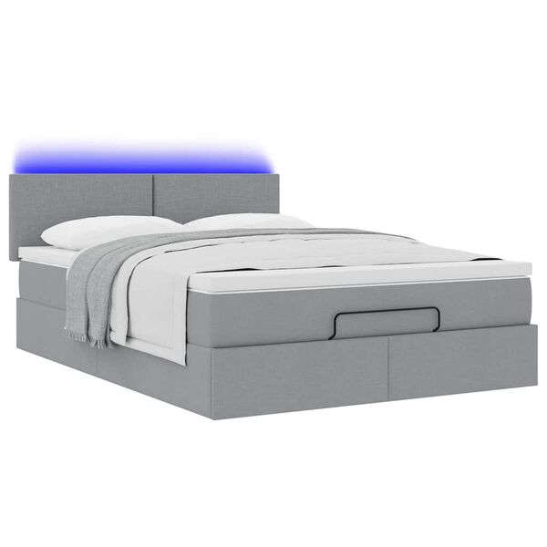 vidaXL Οθωμανικό κρεβάτι με στρώμα & LEDs Ανοιχτό γκρι ύφασμα