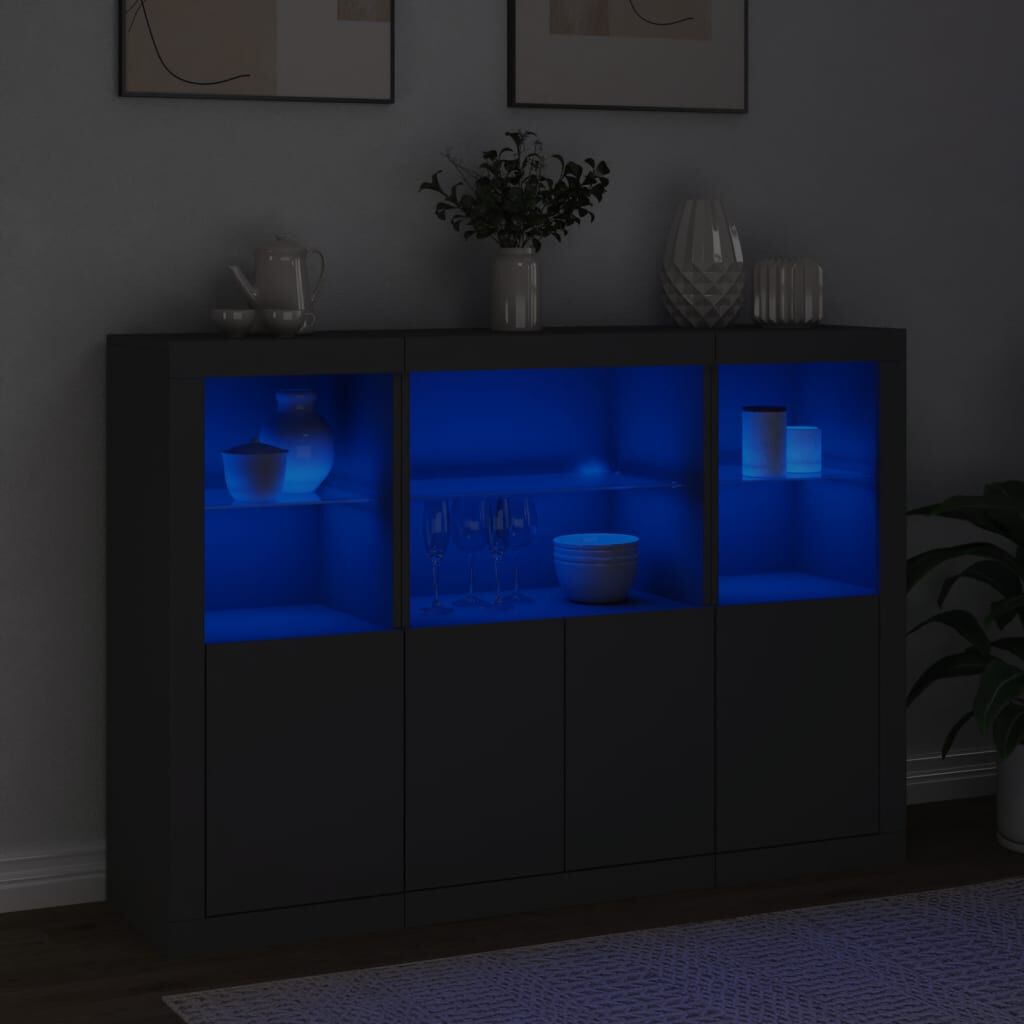 vidaXL Μπουφέδες με Φώτα LED 3 τεμ. Μαύροι από Επεξεργασμένο Ξύλο
