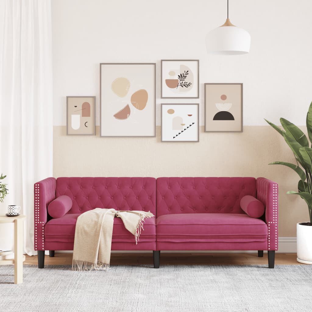 vidaXL Καναπές Διθέσιος Chesterfield με Στηρίγματα Μπορντό Βελούδο