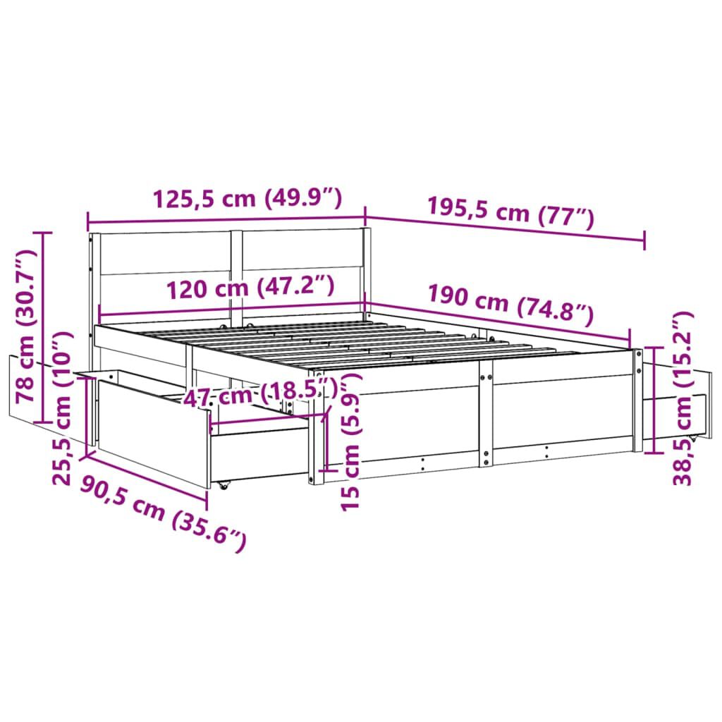 vidaXL Σκελετός Κρεβατιού Χωρίς Στρώμα 120x190 εκ Μασίφ Ξύλο Πεύκου