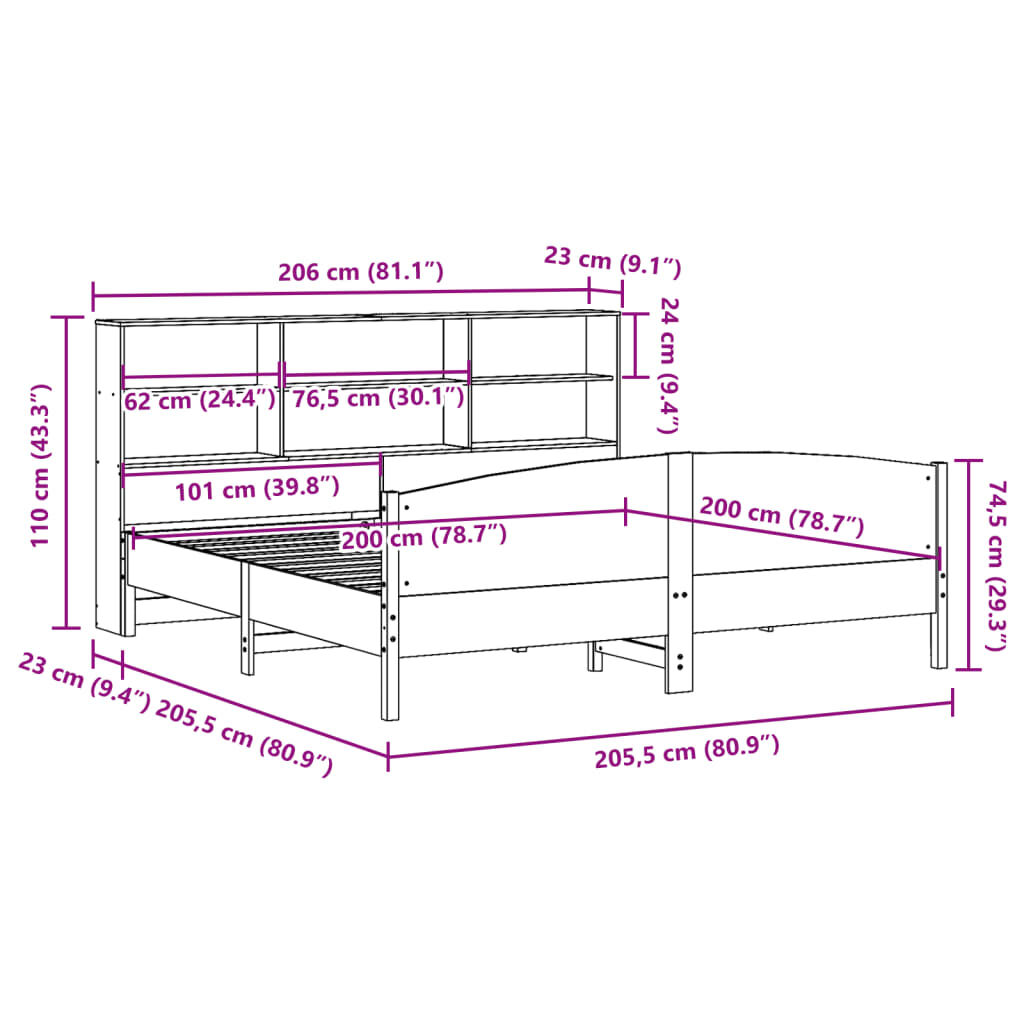 vidaXL Κρεβάτι Βιβλιοθήκη Χωρίς Στρώμα 200x200 εκ Μασίφ Ξύλο Πεύκου