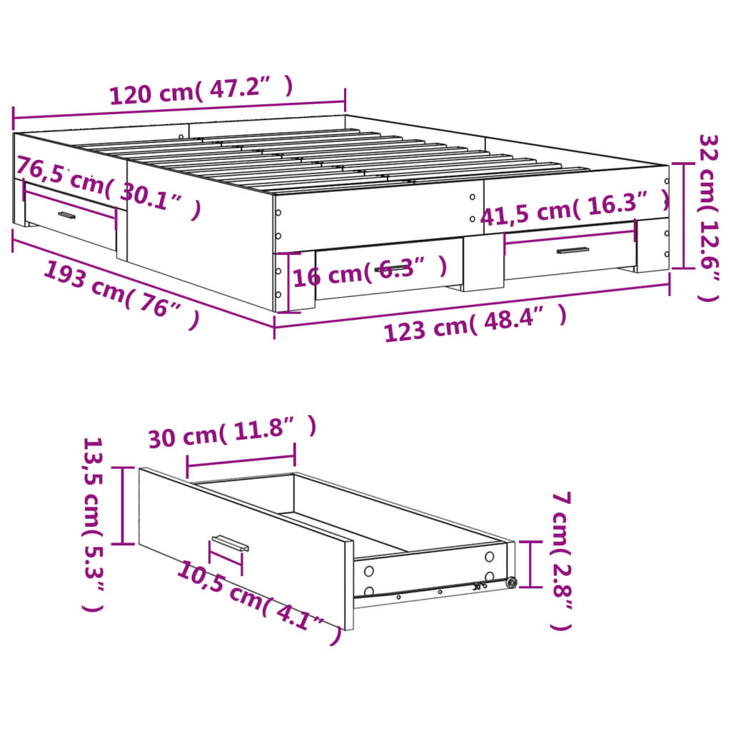 vidaXL Πλαίσιο Κρεβατιού με Συρτάρια Μαύρο 120x190 εκ Επεξεργ. Ξύλο