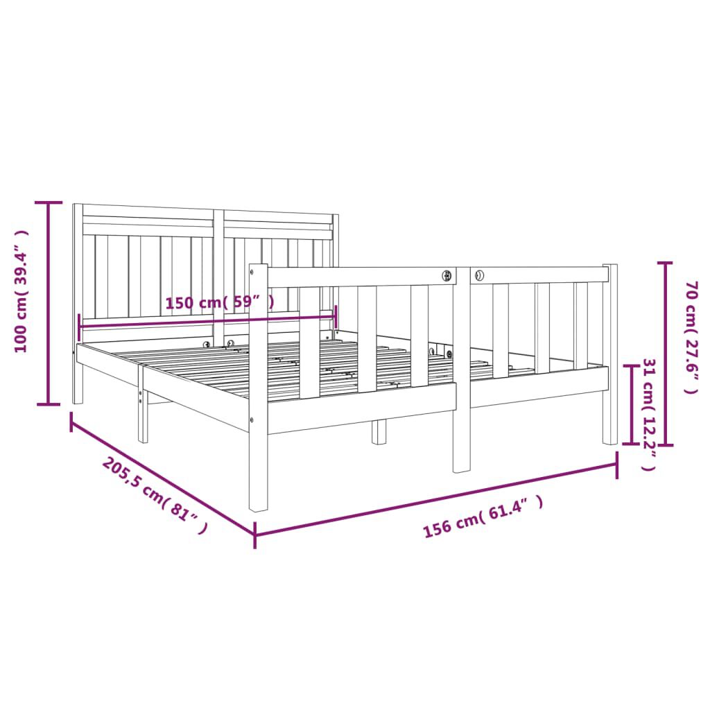 vidaXL Πλαίσιο Κρεβατιού Γκρι 150 x 200 εκ. Μασίφ Ξύλο King Size