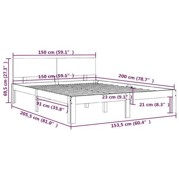 vidaXL Πλαίσιο Κρεβατιού Μαύρο 150 x 200 εκ. Μασίφ Ξύλο King Size