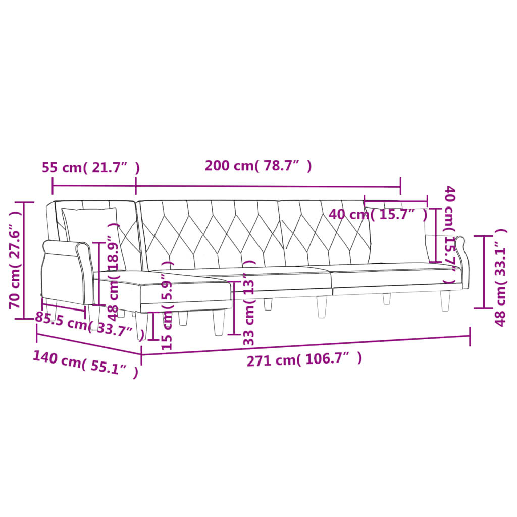 vidaXL Καναπές Κρεβάτι Γωνιακός Αν. Γκρι 271 x 140 x 70 εκ. Βελούδινος