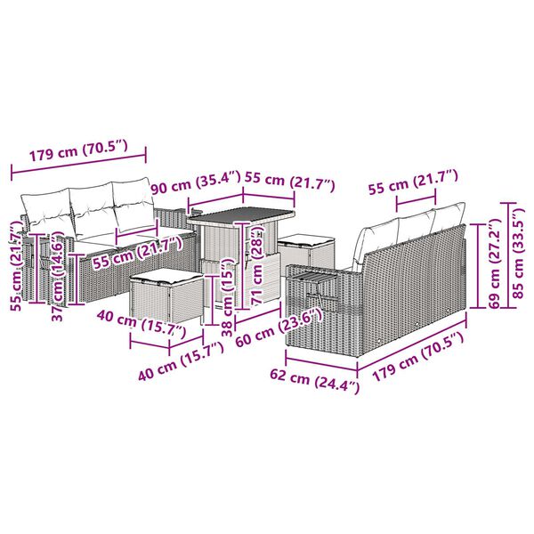 vidaXL Σετ Καναπέ Κήπου 9 pcs Μαύρο συνθετικό ρατάν