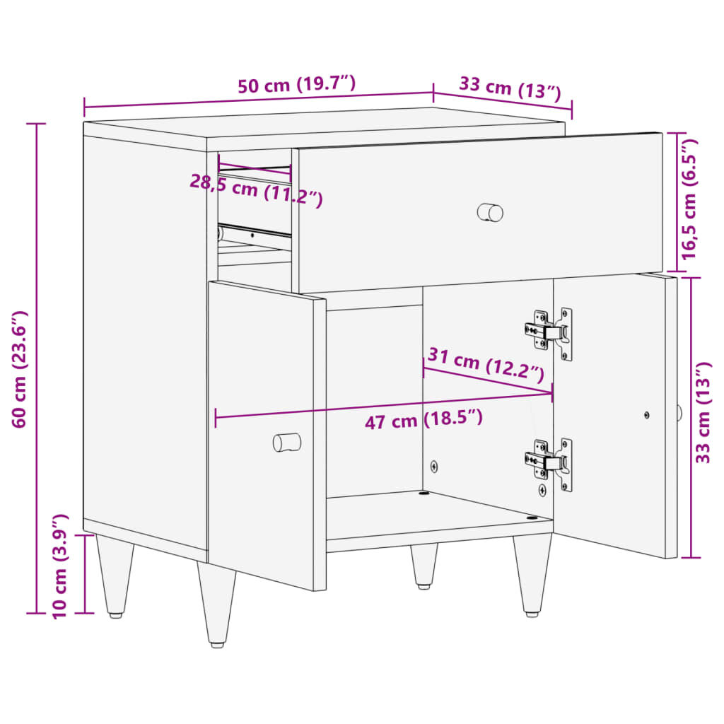 vidaXL Κομοδίνο 50 x 33 x 60 εκ. από Μασίφ Ξύλο Μάνγκο