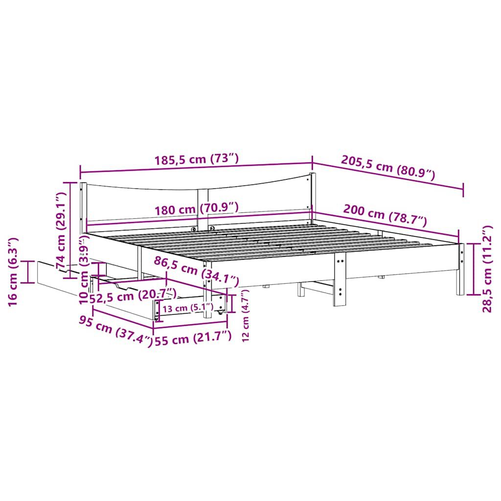 vidaXL Πλαίσιο Κρεβατιού με Συρτάρια 180x200 εκ. Μασίφ Ξύλο Πεύκου