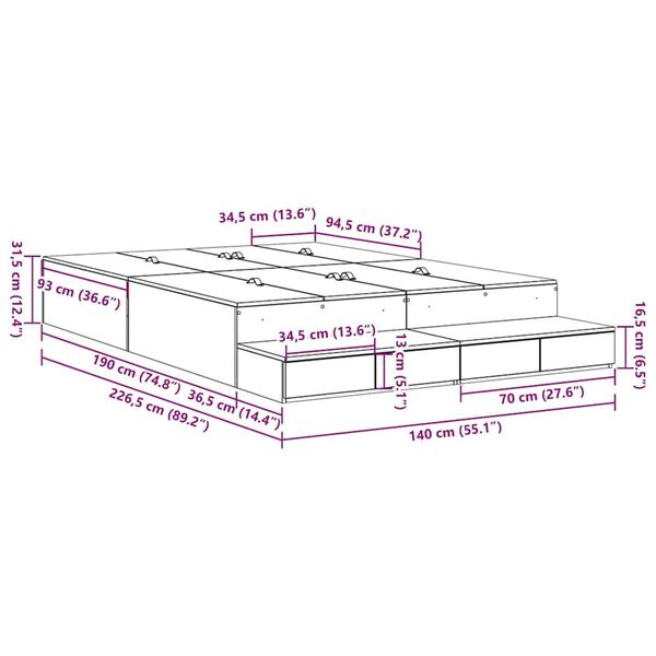 vidaXL Κρεβάτι με αποθηκευτικό χώρο Γκρι sonoma 226.5 x 140 x 31.5 εκ.