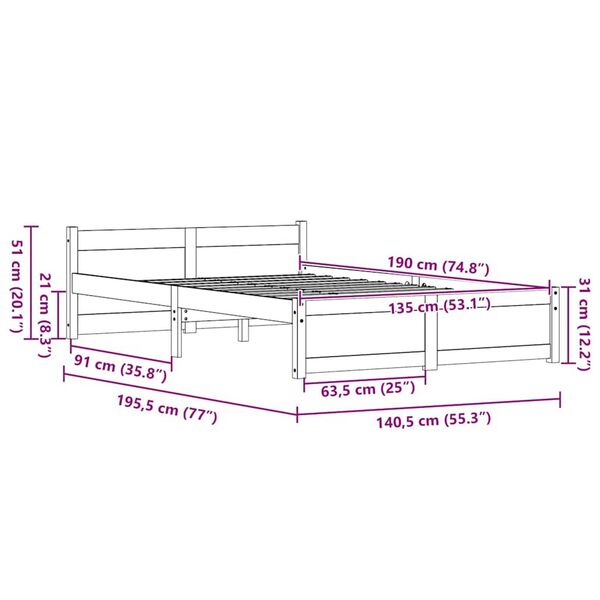 vidaXL Σκελετός Κρεβατιού Καφέ κεριού 135 x 190 cm Μασίφ ξύλο πεύκου