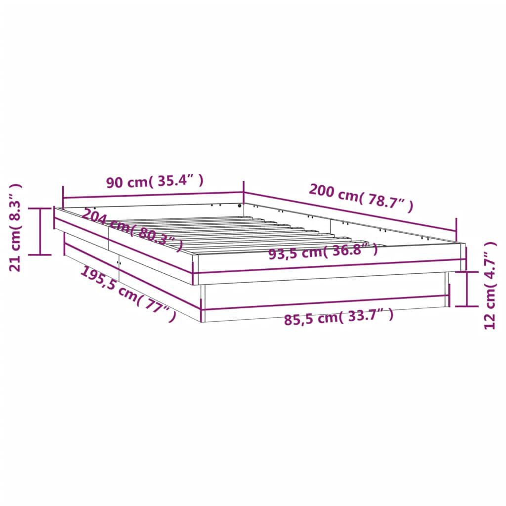 vidaXL Πλαίσιο Κρεβατιού με LED Λευκό 90 x 200 εκ. από Μασίφ Ξύλο