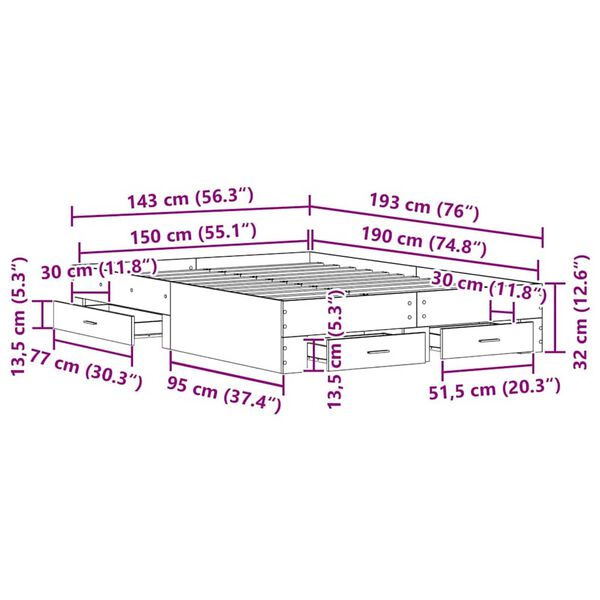 vidaXL Κρεβάτι με Συρτάρια Μαύρη δρυς 140 x 190 cm Επεξεργασμένο ξύλο