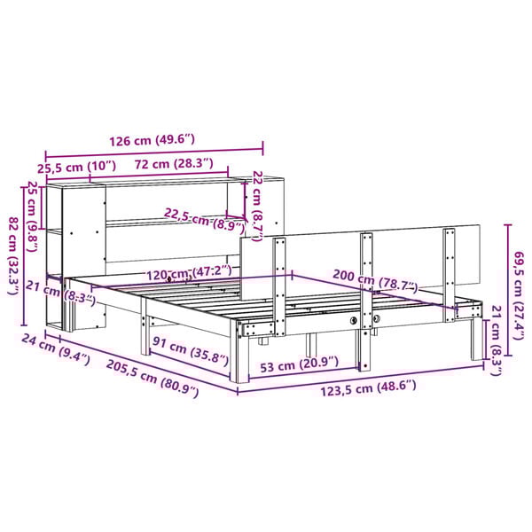 vidaXL Κρεβάτι Βιβλιοθήκη Χωρίς Στρώμα 120x200 εκ Μασίφ Ξύλο Πεύκο