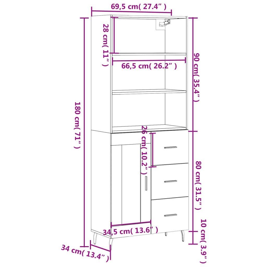 vidaXL Ντουλάπι Καφέ Δρυς 69,5 x 34 x 180 εκ. από Επεξεργασμένο Ξύλο