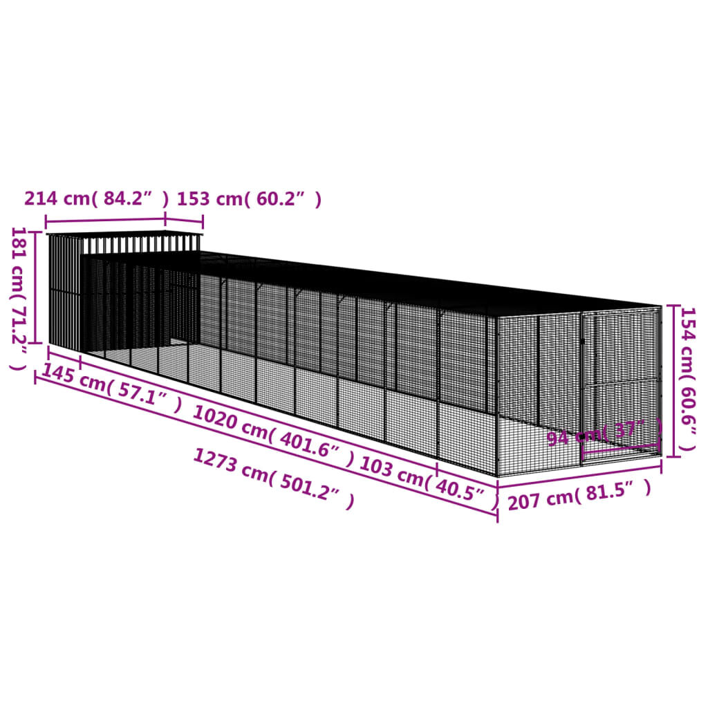 vidaXL Σπιτάκι Σκύλου με Αυλή Ανθρακί 214x1273x181 εκ. Γαλβαν. Χάλυβας