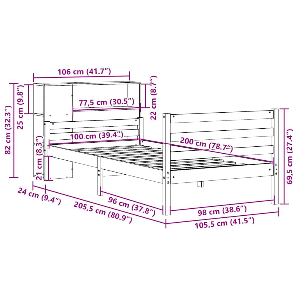 vidaXL Κρεβάτι Βιβλιοθήκη Χωρίς Στρώμα 100x200 εκ Μασίφ Ξύλο Πεύκου