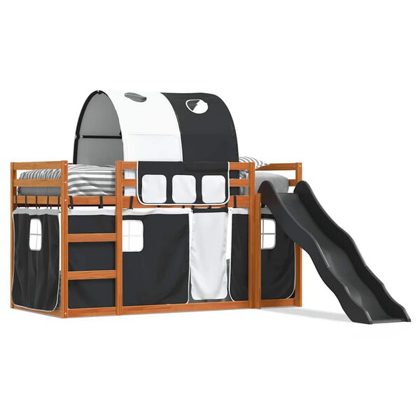 vidaXL Κουκέτα με Τσουλήθρα και Κουρτίνες Λευκή και Μαύρη 80x200 εκ.