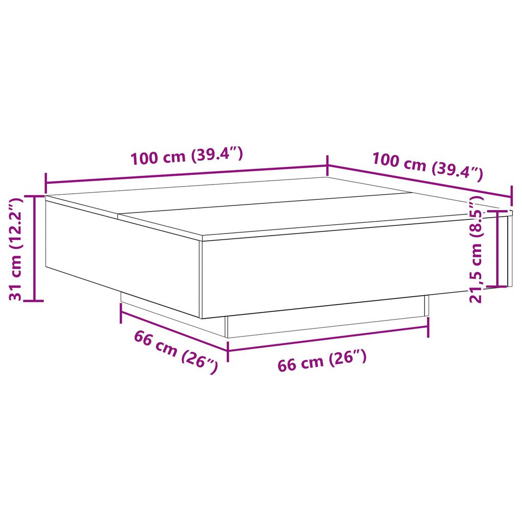 vidaXL Τραπέζι καφέ με LED φώτα Μαύρη Δρυς 100x100x31 εκ.
