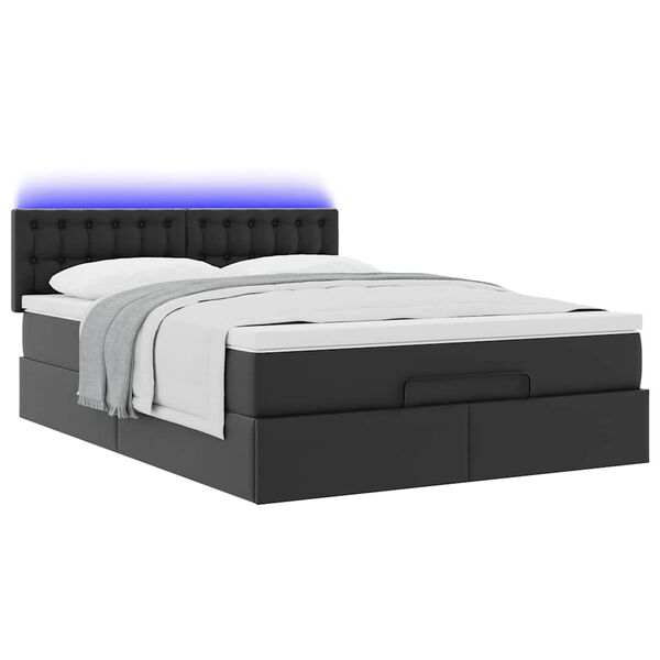 vidaXL Οθωμανικό κρεβάτι με στρώματα & LEDs Μαύρο Faux Leather