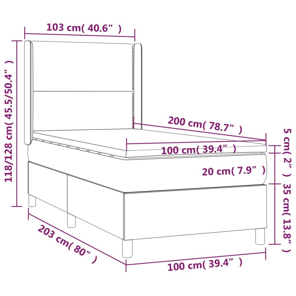 vidaXL Κρεβάτι Boxspring με Στρώμα & LED Σκ.Γκρι 100x200 εκ Υφασμάτινο