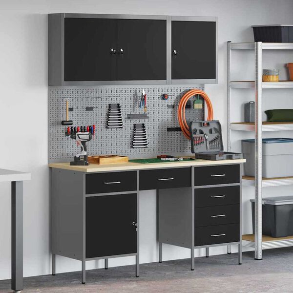 vidaXL Ντουλάπα Εργασίας με συρτάρι 8 pcs Μαύρο 150 x 55 x 200 εκ