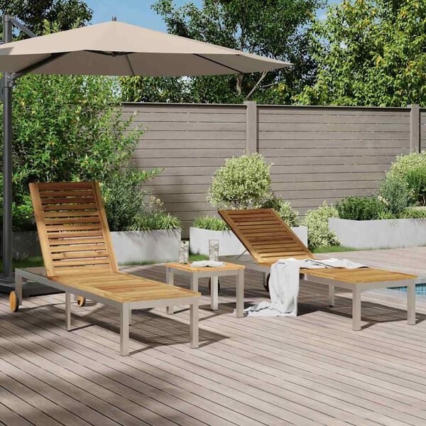 vidaXL Ξαπλώστρες 2 τεμ με Τραπέζι 3 pcs Καφέ Μασίφ ξύλο ακακίας