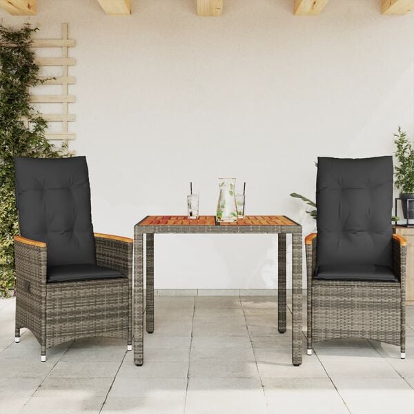 vidaXL Σετ Επίπλων Bistro 3 τεμ Γκρι Συνθετικό Ρατάν με Μαξιλάρια
