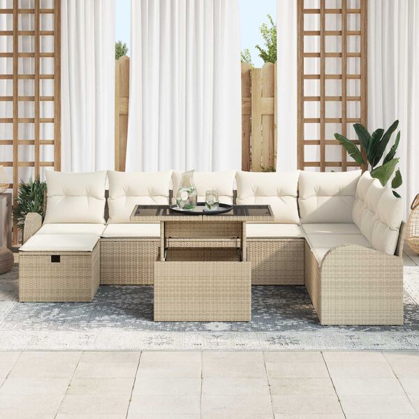 vidaXL Σετ Καναπέ Κήπου με μαξιλάρι 9 pcs Μπεζ Πολυ ράταν