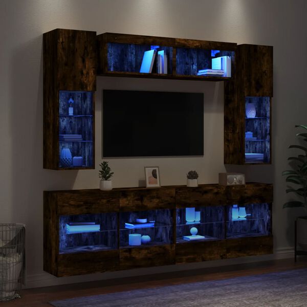vidaXL Ντουλάπια Τηλεόρασης Τοίχου 6 τεμ. με Φώτα LED Καπνιστή Δρυς