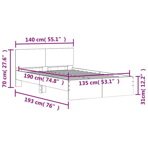 vidaXL Πλαίσιο Κρεβατιού με Κεφαλάρι/LED Γκρι Sonoma 135x190 εκ.