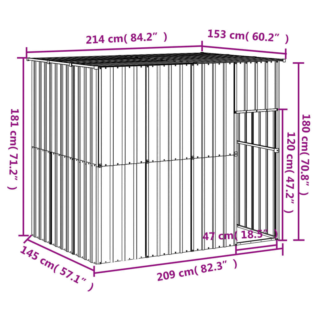 vidaXL Σπιτάκι Σκύλου με Οροφή Αν. Γκρι 214x153x181 εκ Γαλβαν. Χάλυβας