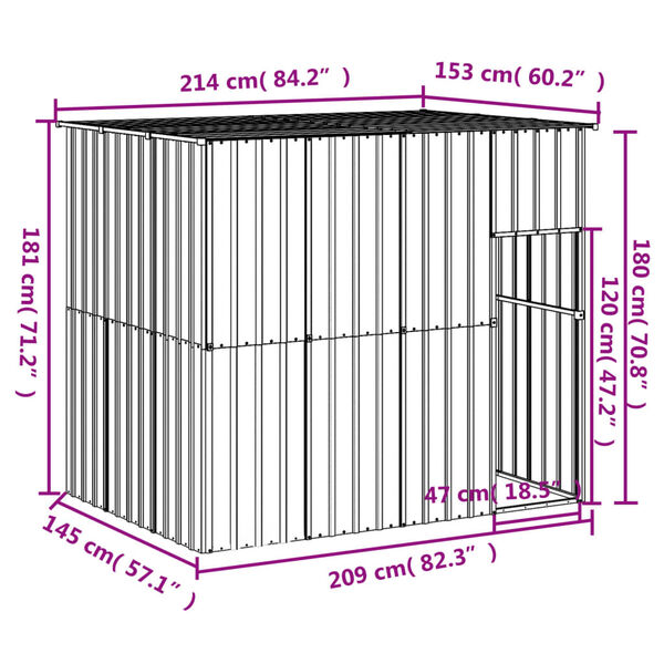 vidaXL Σπιτάκι Σκύλου με Οροφή Αν. Γκρι 214x153x181 εκ Γαλβαν. Χάλυβας