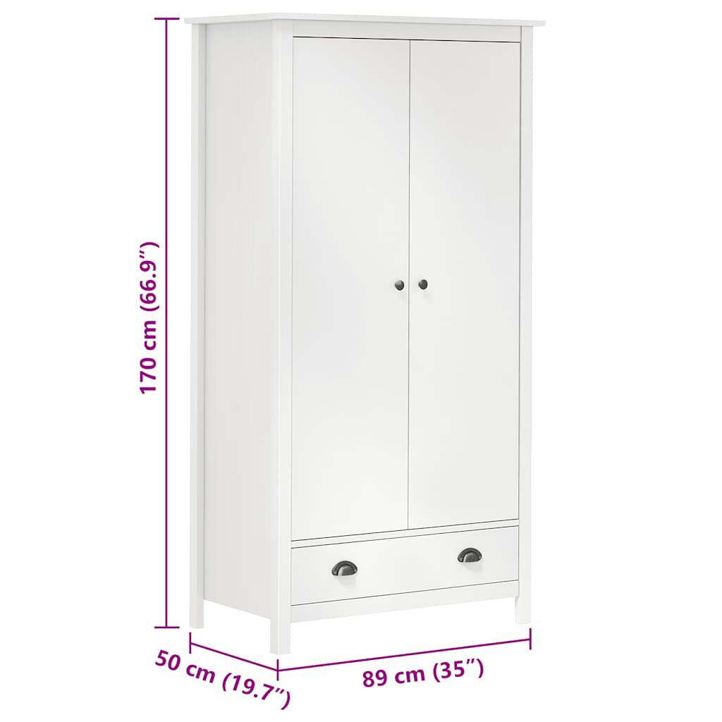vidaXL Ντουλάπα Hill Δίφυλλη Λευκή 89x50x170 εκ. Μασίφ Ξύλο Πεύκου