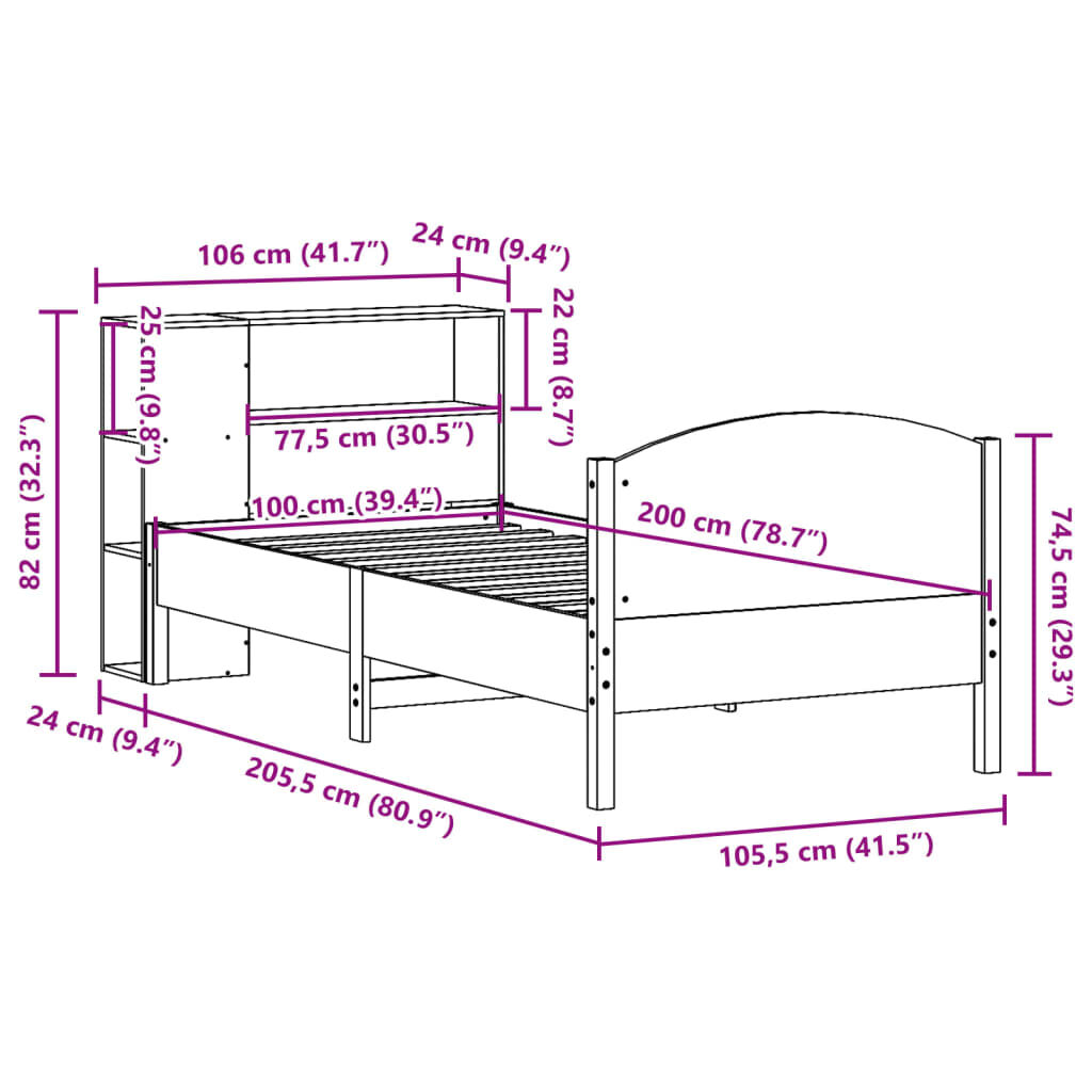 vidaXL Κρεβάτι Βιβλιοθήκη Χωρίς Στρώμα 100x200 εκ Μασίφ Ξύλο Πεύκου